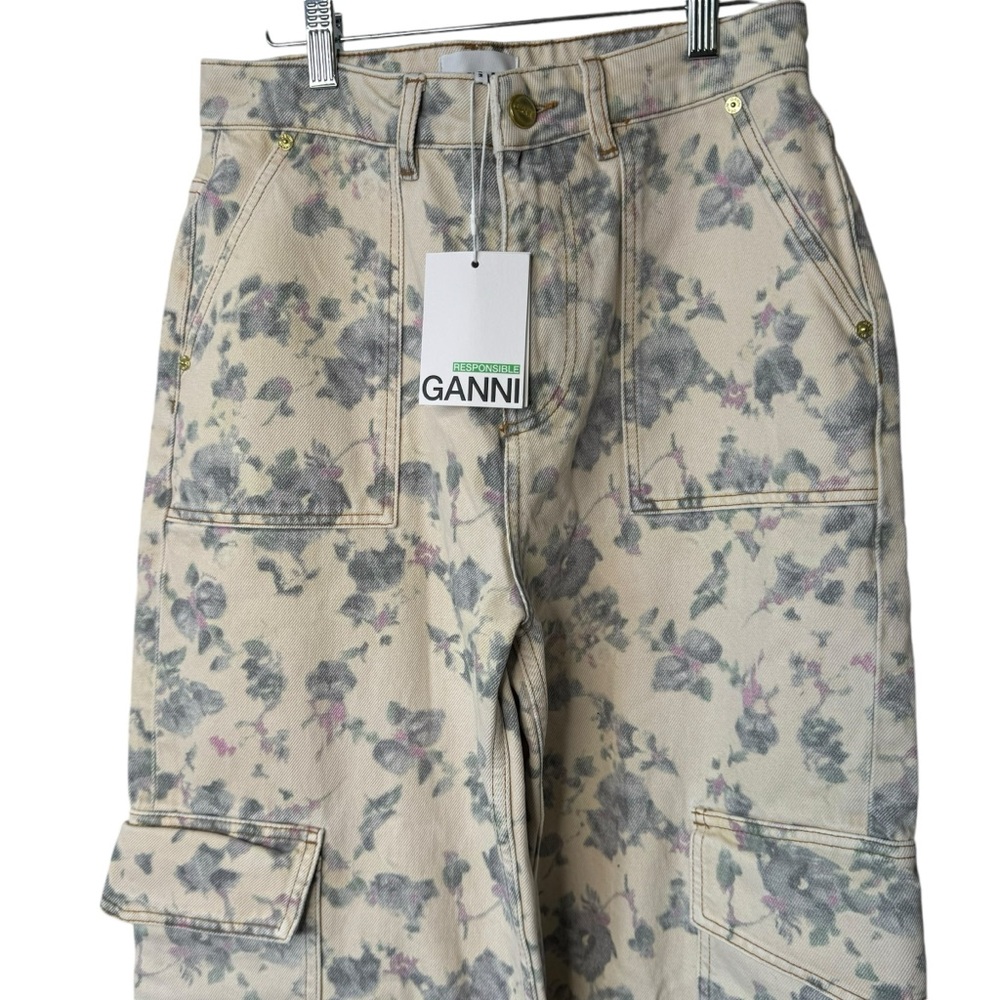 Ganni NEW Tofu Print Denim Angie Ivory Floral Wide Leg Cargo Denim Pant Size 30 - Picture 6 of 10